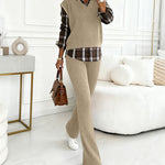 Vintage Plaid Print Spliced Turn-down Collar Long Sleeve Faux Two-Piece Top and Elastic Waist Pants Set Casual Ribbed Brushed Commuting Set