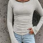 Women's French Boat Neck Striped Top Long Flare Sleeve Ribbed Knit Blouse Ruched Slim Fit Pullover