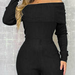 2 Pieces Outfit Button Decor Foldover Off Shoulder Slim Fit Top and Elastic Waist Wide Leg Pants Set Casual Ribbed Set