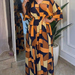 Colorblock Geometric Print V-Neck Batwing Sleeve Ruched Waist Overalls Casual Cinched Waist Wide Leg Jumpsuit