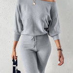 2 Pieces Outfit Skew Neck Long Sleeve Loose Pullover Top and Drawstring High Waist Slim Fit Pants Set