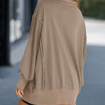 Half Snap Button Front Drop Shoulder Batwing Sleeve Sweatshirt Loose Fit Side Slit High-Low Hem Casual Top