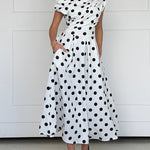 Women's Skew Neck Polka Dot Maxi Dress Ruched A-Line Swing Dress Elegant Party Cocktail Dress with Pockets