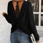 Women's Long Sleeve Knit Top Backless Twist Lace Panel Casual Tee