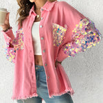 Contrast Sequin Long Sleeve Jacket Top Button Front Raw Hem Loose Fit Shacket