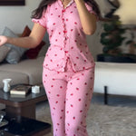 2 Pieces Outfit Strawberry Print Stand Collar Short Sleeve T-shirt and Pants Pajamas Set