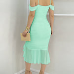 Women's Off Shoulder Mesh Dress Pearls Decor Strap Ruched Bodycon Dress Ruffle Hem Slit Evening Party Dress