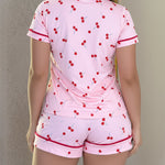 2 Pieces Outfit Notched Collar Short Sleeve Button Front Top and Elastic Waist Shorts Set Casual Cherry Print Contrast Piping Pajamas Set