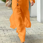 2 Pieces Outfit Button Decor One Shoulder Turn-Up Sleeves Slit Raw Edges Top and Casual Drawstring Elastic Waist Wide Leg Pants Set