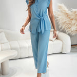 2 Pieces Outfit Turn-down Collar Cap Sleeve Button Front Tied Detail Top and Casual Zipper Fly Elastic Back Waist Wide-Leg Pants Set