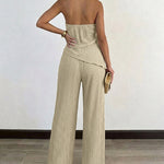 Women's Textured 2 Piece Outfits Halter Neck Backless Sleeveless Asymmetric Top and High Waist Wide Leg Pants Set