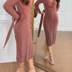 Cable Textured Overlap Deep V-Neck Long Sleeve Mid-Length Dress Tie Waist Slim Fit Knit Dress