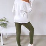 2 Pieces Outfit NOPE. not today Slogan Print Skew Neck Long Sleeve Pullover Top and Casual Drawstring Stretchy Waist Slim Fit Pants Set