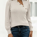 Button Decor Asymmetrical V-Neck Long Sleeve Ribbed Tee Casual Knit Brushed Top