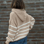 Women's Striped Henley Drawstring Hooded Sweater Loose Fit Lantern Sleeve Knit Pullover