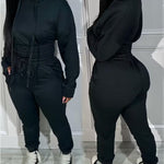 2 Pieces Outfit Drop Shoulder Kangaroo Pocket Stretchy Hem Crop Drawstring Hoodie Sweatshirt And Drawstring Elastic Waist Jogger Sweatpants Casual Tracksuit