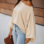 Women's French Style Off Shoulder Blouse Elegant Lantern Sleeve Top Versatile Skew Neck Textured Shirt