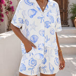 Women's Button Down Pajama Set Seashell Starfish Bowknot Print Short Sleeve Top and Shorts Casual Loungewear