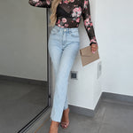 Women's Floral Rhinestone Sheer Mesh Top Long Sleeve Slim Fit Tee with Thumb Holes