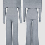 2 Pieces Outfit Button Decor Foldover Off Shoulder Slim Fit Top and Elastic Waist Wide Leg Pants Set Casual Ribbed Set