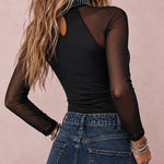 Women's Rhinestone Mesh Long Sleeve Mock Neck Top Slim Fit Tee