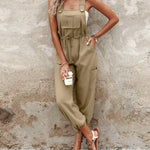 Women's Cotton Linen Jumpsuit Cargo Utility Overalls Adjustable Straps Drawstring Suspender Jumpsuit