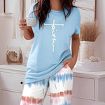 2 Pieces Outfit Letter Print Round Neck Short Sleeve Top And Tie Dye Print Elastic Waist Loose Fit Pants Set Casual Pajamas Set
