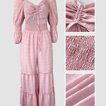 Sweetheart Neck Puff Sleeve Drawstring Front Shirred Overalls Casual Cutout Front Ruffle Hem Wide Leg Jumpsuit