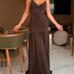 Women's Beaded Strap Deep V Neck Maxi Dress Ruched Backless Flowy Party Dress
