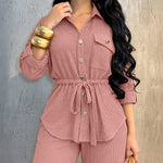 2 Pieces Outfit Vintage Turn-down Collar Roll Up Sleeve Button Front Flap Pocket Design Waist Drawstring Top and Elastic Waist Wide Leg Pants Set Casual Textured Commuting Set