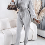 Turn-down Collar Overlap V-Neck Drawstring Stretchy Waist Jumpsuit Casual Flap Pockets Design Jumpsuit