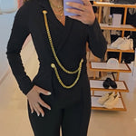 Chain & Button Decor Notched Collar Overlap V-Neck Slit Spliced Overalls Casual High Waist Seam Front Zipper Back Jumpsuit