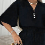2 Pieces V Neck Button Decor Bell Sleeve Top and Casual Drawstring Stechy Waist Shorts Set