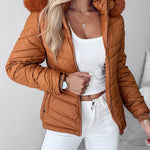 Zipper Pocket Design Shirred Fuzzy Trim Fleece Lined Hooded Puffer Jacket