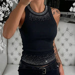 Rhinestone Decor O-neck Sleeveless Slim Fit Ribbed Tank Top