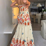 Floral & Butterfly Print Frill Trim Bandeau Tied Detail Ruched Mermaid Hem Dress Elegant Cutout Front Shirred Ruffle Hem Vacation Dress
