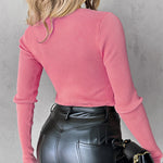 Crewneck Half Zipper Flap Detail Knit Sweater Long Sleeve Slim Fit Ribbed Pullover Top