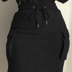 Overlap V Neck Drop Shoulder Cinched Waist Drawstring Hoodie Dress Casual Flap Cargo Pockets Design Drawstring Elastic Waist Midi Dress