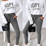 2 Pieces Outfit NOPE. not today Slogan Print Skew Neck Long Sleeve Pullover Top and Casual Drawstring Stretchy Waist Slim Fit Pants Set