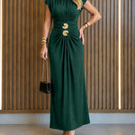 Women's Boat Neck Ruched Maxi Dress Gold Buckle Cap Sleeve Formal Evening Gown