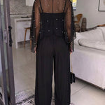 Women's 2-Piece Set Pearl Embellished Split Sleeve Chiffon Cape with Cami Lantern Jumpsuit