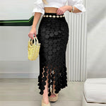 Women’s Lace Tassel Trim Bodycon Skirt Hollow-Out Detail High Waist Pencil Skirt with Side Zipper