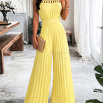 Women's Halter Tie Cutout Pleated Jumpsuit High Waist Shirred Wide Leg Overalls
