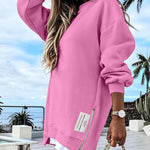 Letter Patch Detail Long Sleeve Drop Shoulder Pullover Sweatshirt Casual Zipper Side Slit Top