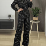 2 Pieces Outfit Stand Collar Button Front Ruffles Spliced Top and High Waist Straight Leg Pants Set Casual Polka Dot Print Commuting Set