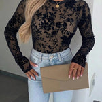 Women's Mesh Flocked Floral Top Lined Sheer Long Sleeve Tee Crewneck Slim Fit Layering Under Base Top with Thumbholes