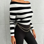 Women's Foldover Off Shoulder Striped Pullover Long Sleeve Slim Fit Knit Top