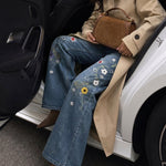 Women's High Waisted Floral Embroidered Wide Leg Jeans Washed Denim Pants