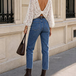 Women's Sheer Floral Lace Backless Bowknot Blouse Lantern Sleeve Crop Top