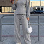 Women's 2 Piece Sweatsuit Set Long Sleeve Back Lace Up Pullover and High Waist Wide Leg Pants Lounge Tracksuit with Pockets